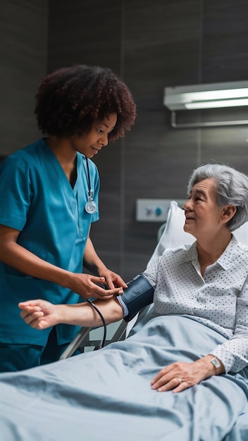 Infirmière mesurant la pression artérielle d'une femme âgée dans un lit d'hôpital