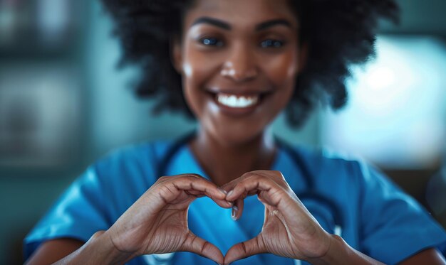 Photo une infirmière noire heureuse tenant les mains en forme de cœur symbole de soins de santé amicaux