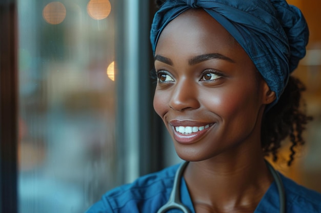 Photo infirmière noire et pensant aux soins de santé avec un sourire avenir dans l'industrie médicale et l'intégrité