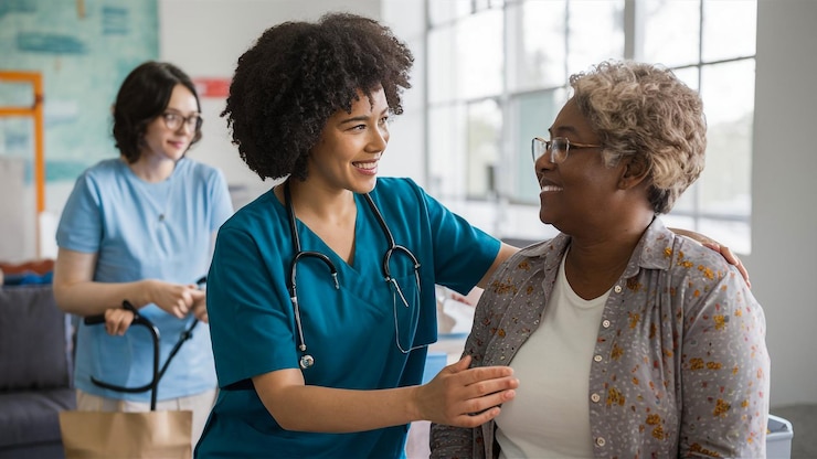 Photo une infirmière parlant à une infirmiere avec un stéthoscope autour de son cou
