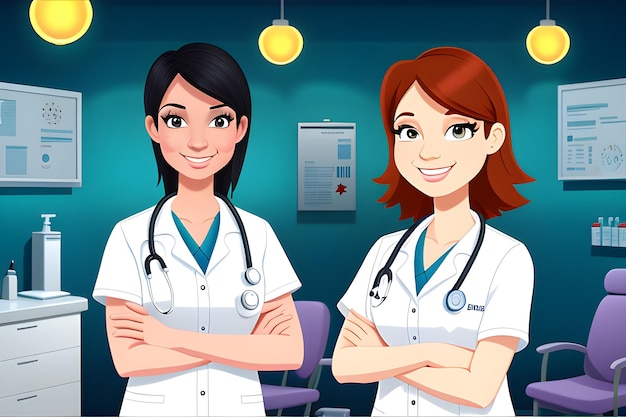 Infirmière professionnelle en style cartoon dans un fond de salle médicale professionnelle AI Generative