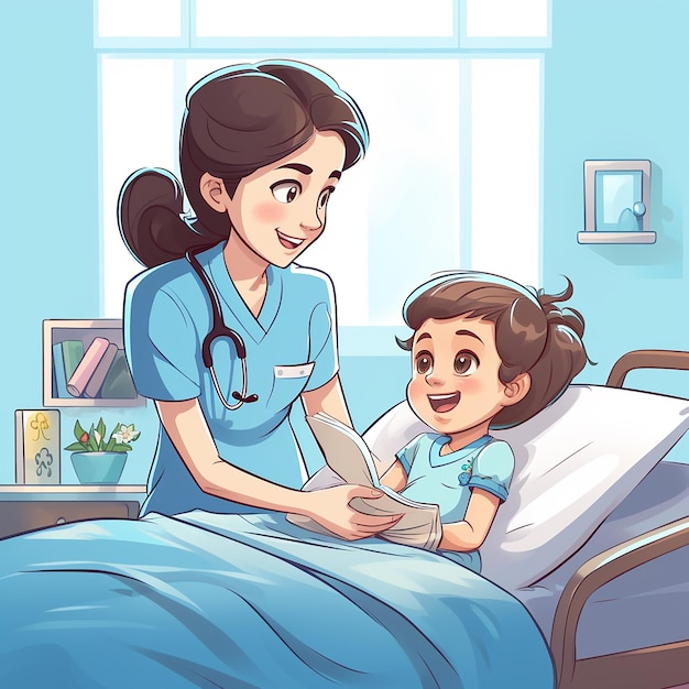 Une infirmière qui aide un patient dans un joli dessin animé