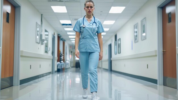 Une infirmière qui marche dans le couloir de l'hôpital.