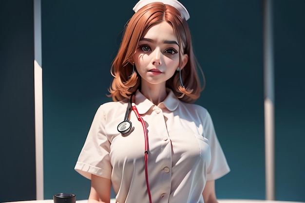 Une infirmière avec un ruban rouge sur le cou se tient devant un fond bleu.