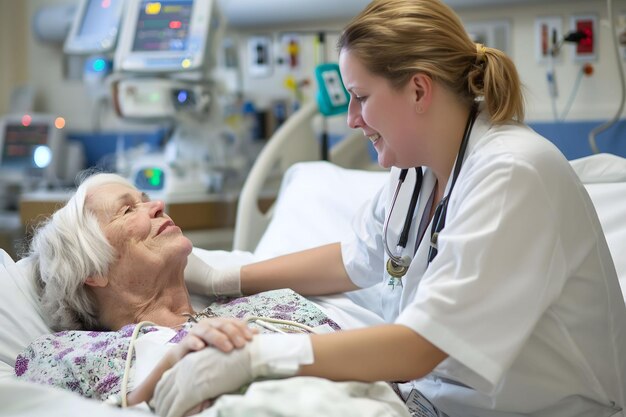 Photo l'infirmière s'occupe d'une vieille femme âgée malade dans une chambre d'hôpital concept de la journée internationale des infirmières