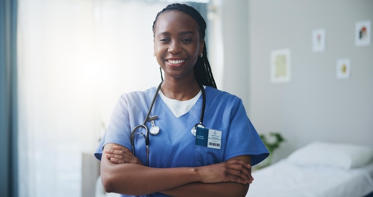 Photo infirmière de santé et portrait d'une femme noire avec les bras croisés pour le service de soins médicaux ou la carrière la fierté de la maison de retraite et le visage de l'aidante avec un sourire pour le soutien à la vie assistée ou heureuse au travail
