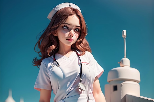 Une infirmière se tient devant un ciel bleu.