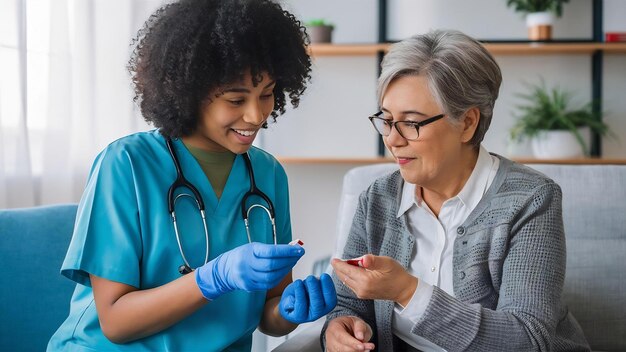 Photo infirmière soignante ou professionnel de la santé avec une femme âgée mesurant la glycémie à l'intérieur