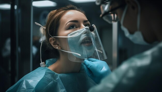 Infirmière souriante en vêtements de travail protecteurs examinant la santé dentaire du patient générée par l'IA