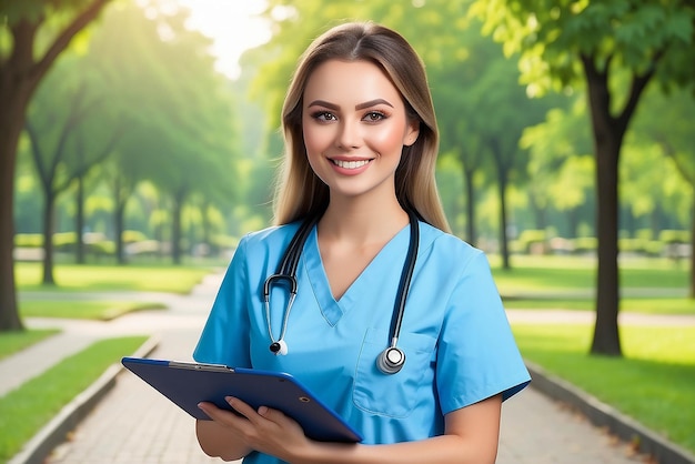 Photo infirmière et sourire avec clipboard dans le parc pour les soins de santé médicaux ou de consultation et d'assistance heureuse médecin ou vétérinaire en soins infirmiers contrôle d'inspection ou de prescription de conseils à l'extérieur