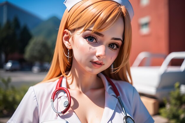 Une infirmière avec un stéthoscope autour du cou se tient devant un bâtiment.
