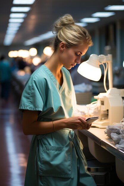 Une infirmière surveille attentivement les signes vitaux d'un patient dans un couloir d'hôpital animé.