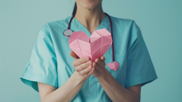 Une infirmière tenant un cœur de papier rose