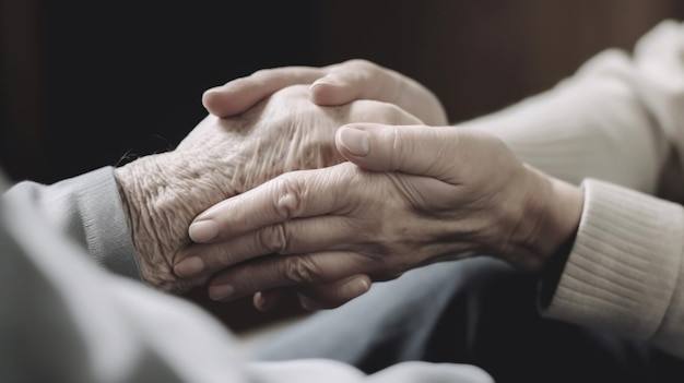 Infirmière tenant les mains de l'homme senior pour sympathie