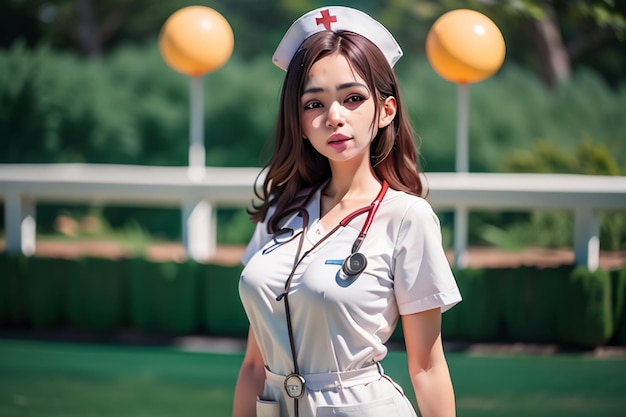 Une infirmière en uniforme blanc avec une croix rouge sur la poitrine.