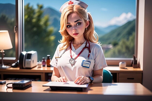 Une infirmière en uniforme blanc est assise à un bureau devant une montagne