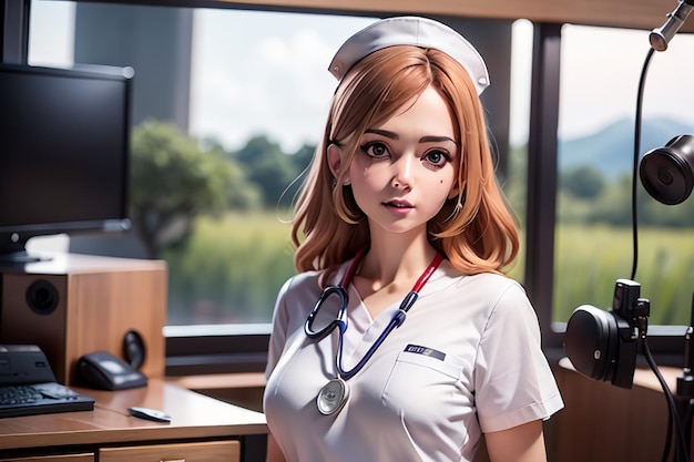 Une infirmière en uniforme blanc se tient devant un écran d'ordinateur.