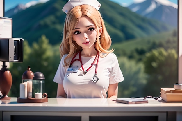 Une infirmière en uniforme blanc se tient devant une montagne