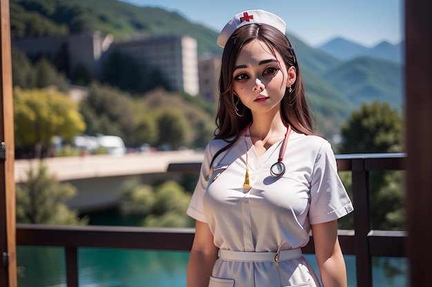 Une infirmière en uniforme blanc se tient devant une montagne.