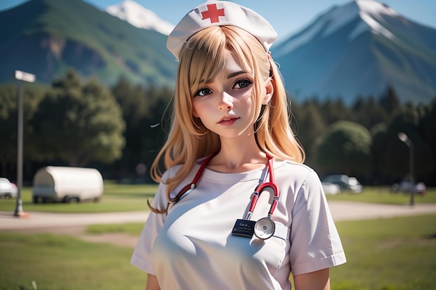 Une infirmière en uniforme blanc se tient devant une montagne