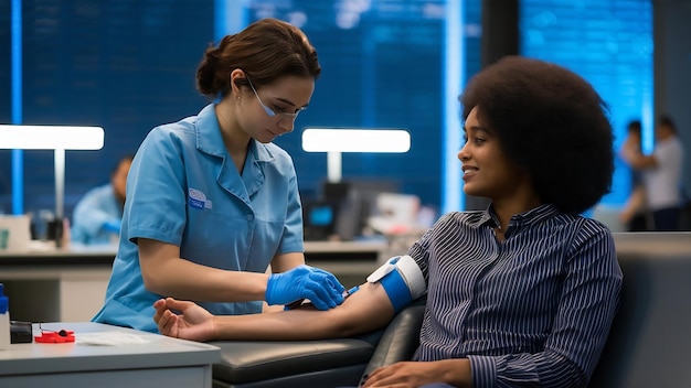 Une infirmière en uniforme prenant du sang d'un donneur alors qu'elle est allongée sur le canapé du laboratoire.