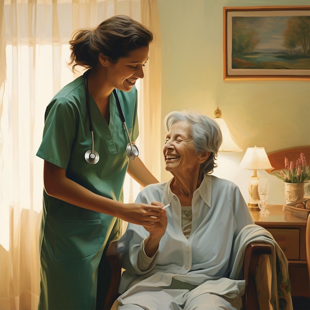 Une infirmière en uniforme vert prenant soin d'une femme âgée et riant