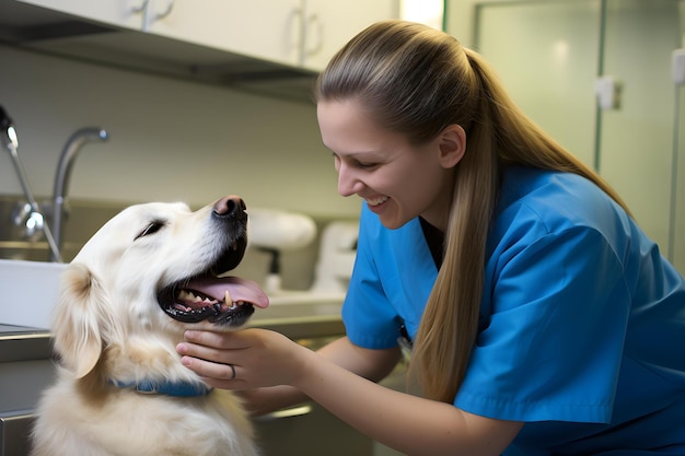 Photo une infirmière vétérinaire examine joyeusement un golden retriever dans une clinique vétérinary concept soins vétérinaires animaux de compagnie heureux santé des animaux personnel professionnel interactions positives