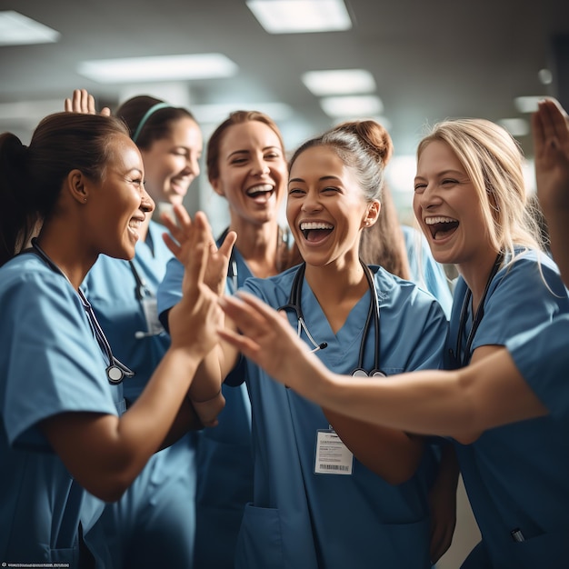 Photo des infirmières étudiants en médecine se donnent des high fives.