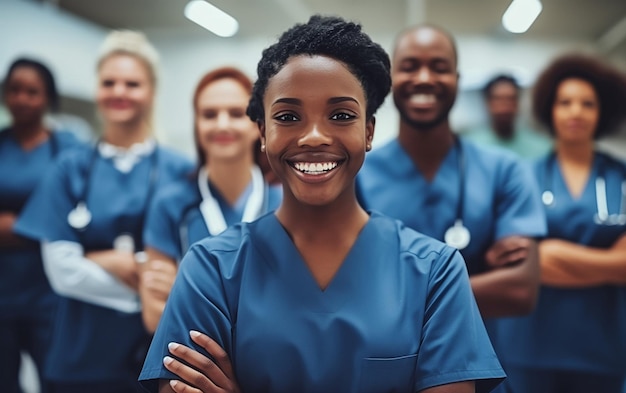 Des infirmières multiethniques sourient et se tiennent ensemble les bras croisés dans un environnement hospitalier.