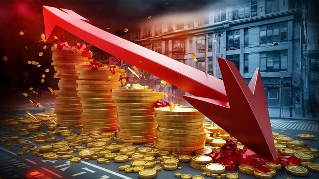 Inflation et concept de crise économique mondiale avec une flèche rouge descendant sur des piles de pièces d'or 3D
