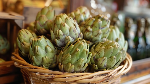 Des inflorescences fraîches d'artichauts dans un panier en bois Vendre des légumes au marché des agriculteurs