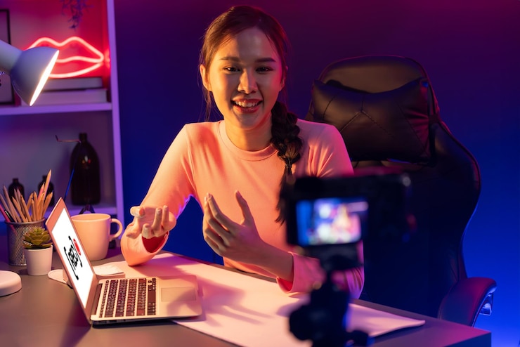 Photo une influenceuse asiatique souriante enregistrée devant la caméra avec un stratagème positif