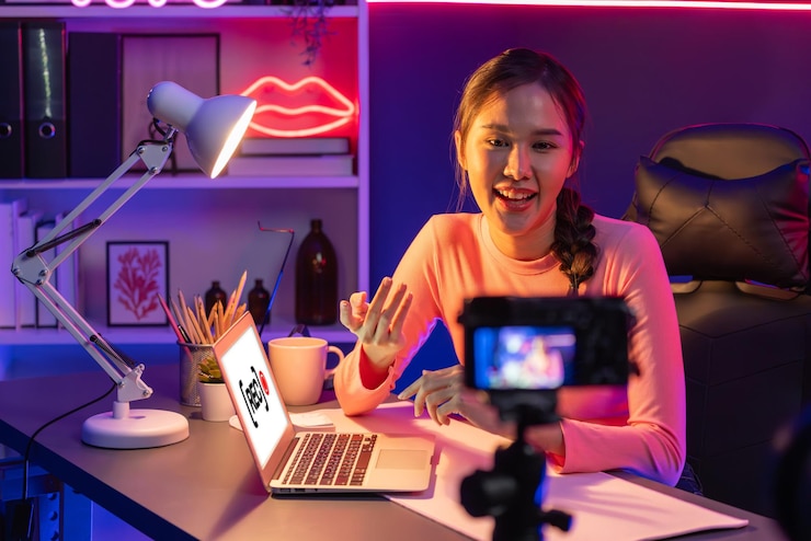 Photo une influenceuse asiatique souriante enregistrée devant la caméra avec un stratagème positif