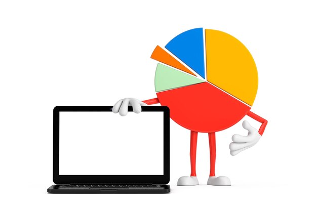 Info Graphics Business Pie Chart Character Person with Modern Laptop Computer Notebook and Blank Screen for Your Design 3d Rendering