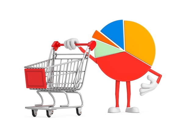 Info Graphics Business Pie Chart Character Person with Shopping Cart Trolley 3d Rendering