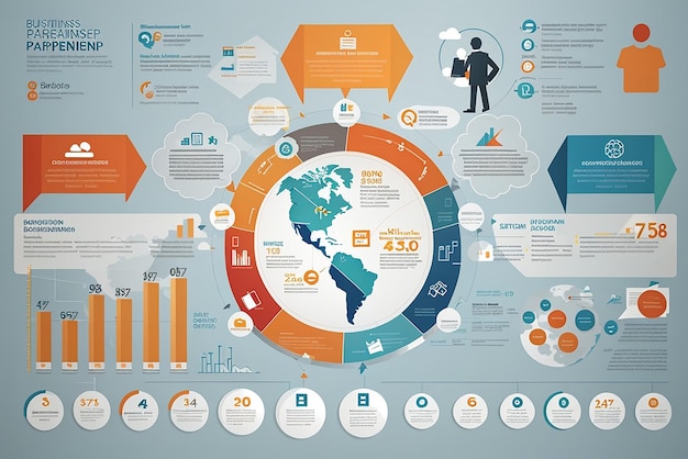 Infographie de stratégie commerciale avec symboles de processus et de progrès