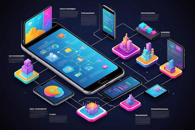 Infographie vectorielle isométrique du développement d'applications