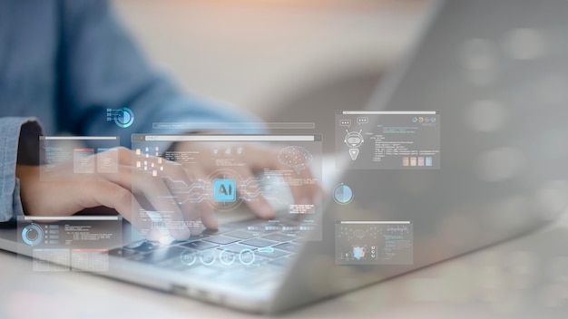 L'informatique d'IA et l'intelligence artificielle pour l'analyse de grandes données Un homme travaillant avec AI