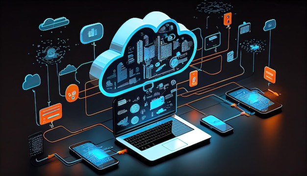 Informatique de technologie cloud Appareils connectés au stockage numérique dans le centre de données via Internet IOT Smart Home Communication ordinateur portable tablette téléphone appareils domestiques avec un en ligne