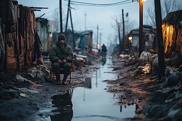 Photo des infrastructures délabrées, des maisons brisées et un paysage marqué par l'impact de la guerre. représentez les personnes déplacées reflétant le coût humain à travers leurs expressions fatiguées et leurs vêtements usés.