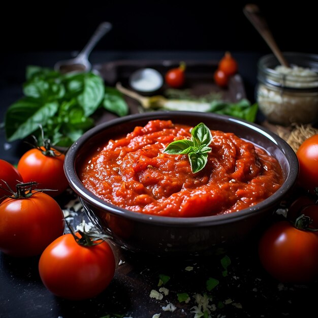 Photo infusion savoureuse de tomates sauce fraîche faite maison avec de l'ail