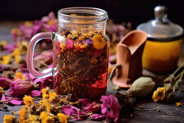 Infusion de tisane aux fleurs séchées colorées