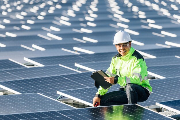 L'ingénierie masculine asiatique est sur le point d'installer des panneaux solaires. À la centrale solaire