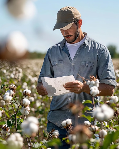 Photo ingénieur agricole analysant la santé des grains de café dans le champ par une journée d'été