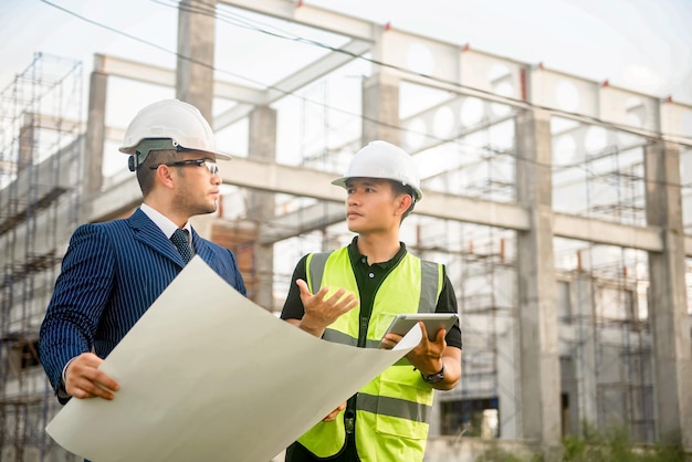L'ingénieur et l'architecte surveillent l'avancement du plan de construction du bâtiment et vérifient son exactitude.