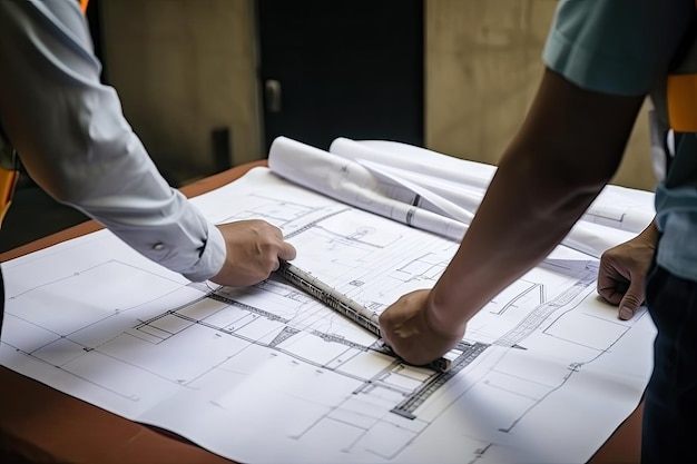 Photo ingénieur et architecte travaillant sur le plan du concept de construction de bureaux ouvriers du bâtiment dansant avec le plan généré par l'ia