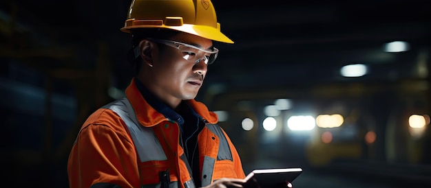 Ingénieur asiatique dans un tunnel portant un équipement de sécurité et utilisant une tablette sur un chantier de construction sombre