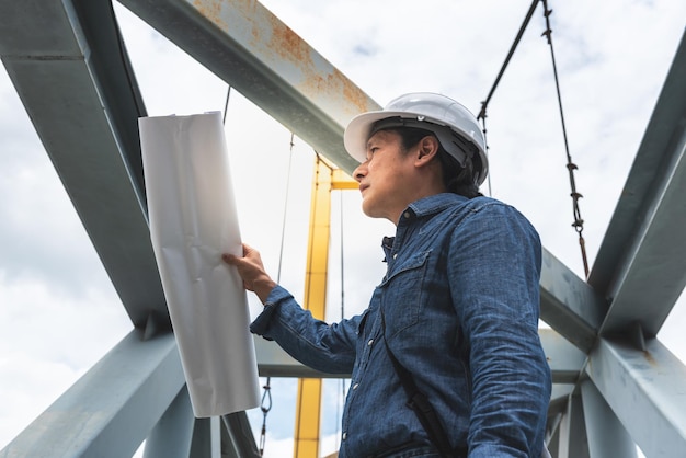 Ingénieur asiatique debout sur le pont et examinant la force de la structure du pont