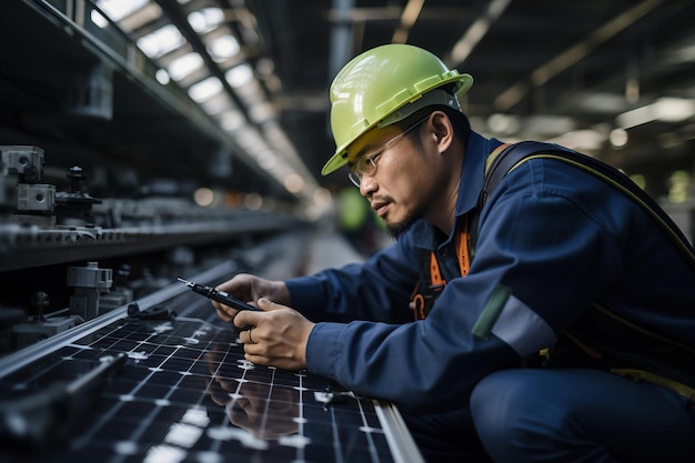 Photo ingénieur asiatique développant et vérifiant un panneau solaire photovoltaïque generative ai