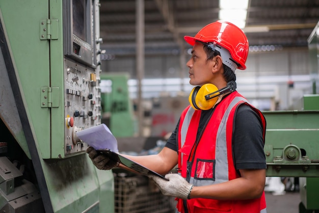 Ingénieur asiatique en gilet de sécurité rouge et casque vérifiant et réparant l'ancienne machine CNC à l'usine